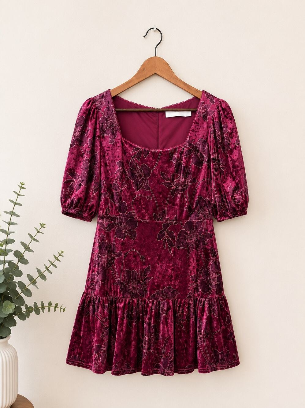 Rachel Parcell Anthropologie Red Velvet Floral Dress Size 12 Coquette Cottagcore